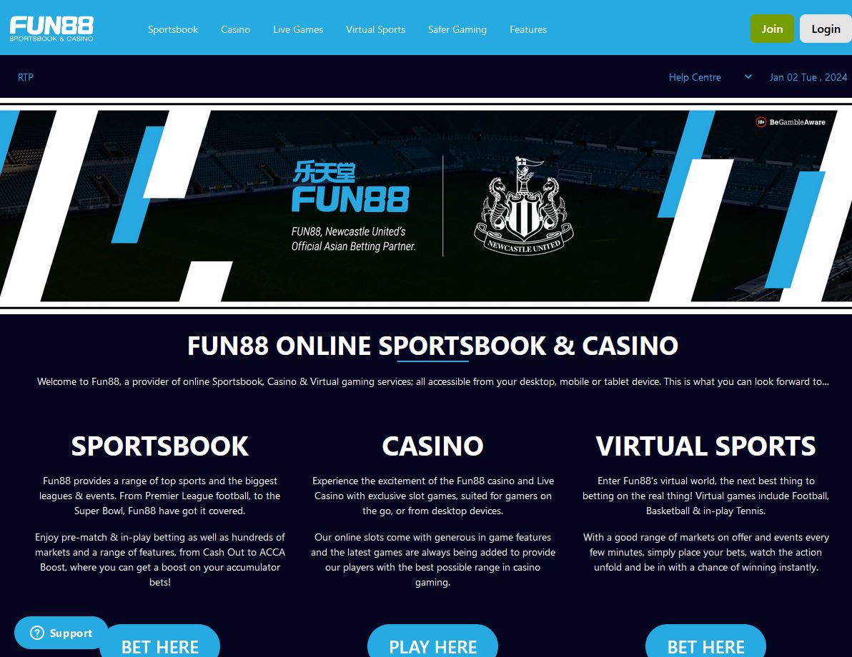 Fun88 Website Screenshot