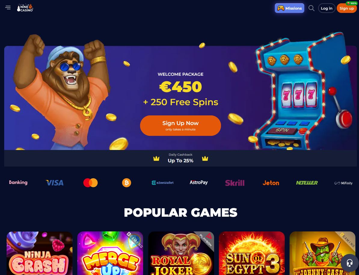 Nine Casino Website Screenshot